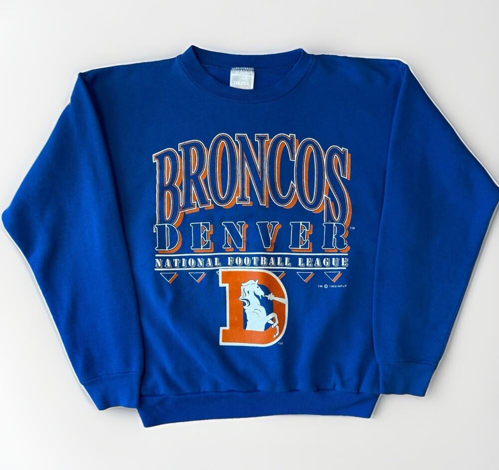Vintage Denver Broncos Sweatshirt Large Blue 90s Made in USA Elway Colorado